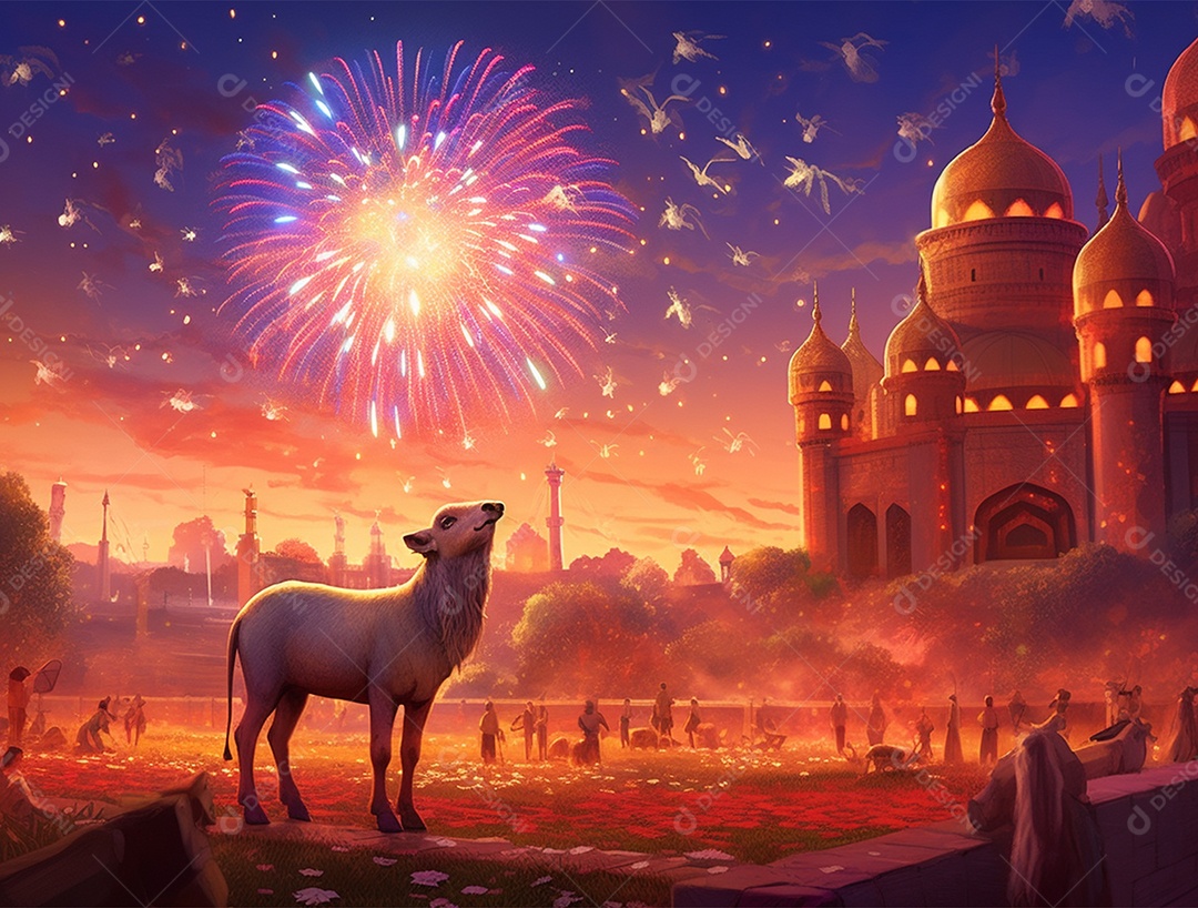 Fogos de artifícios coloridos iluminado toda a mesquita.