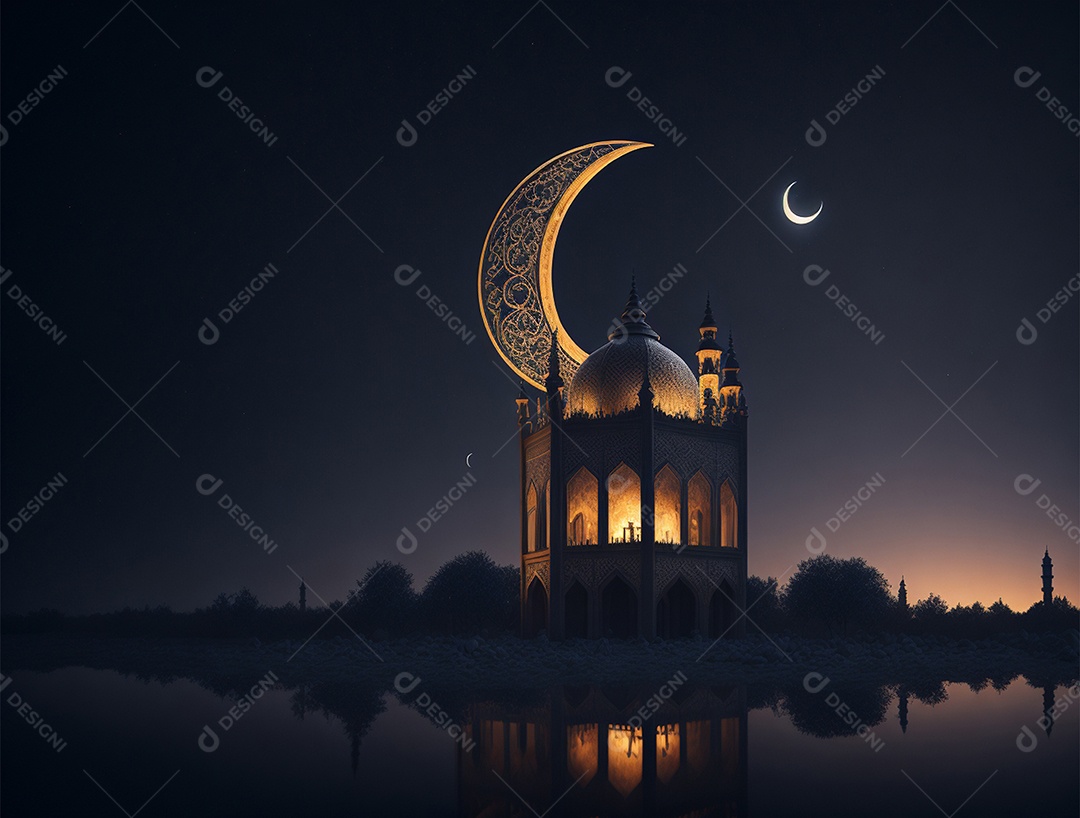 Mesquita sobre noite de luar.