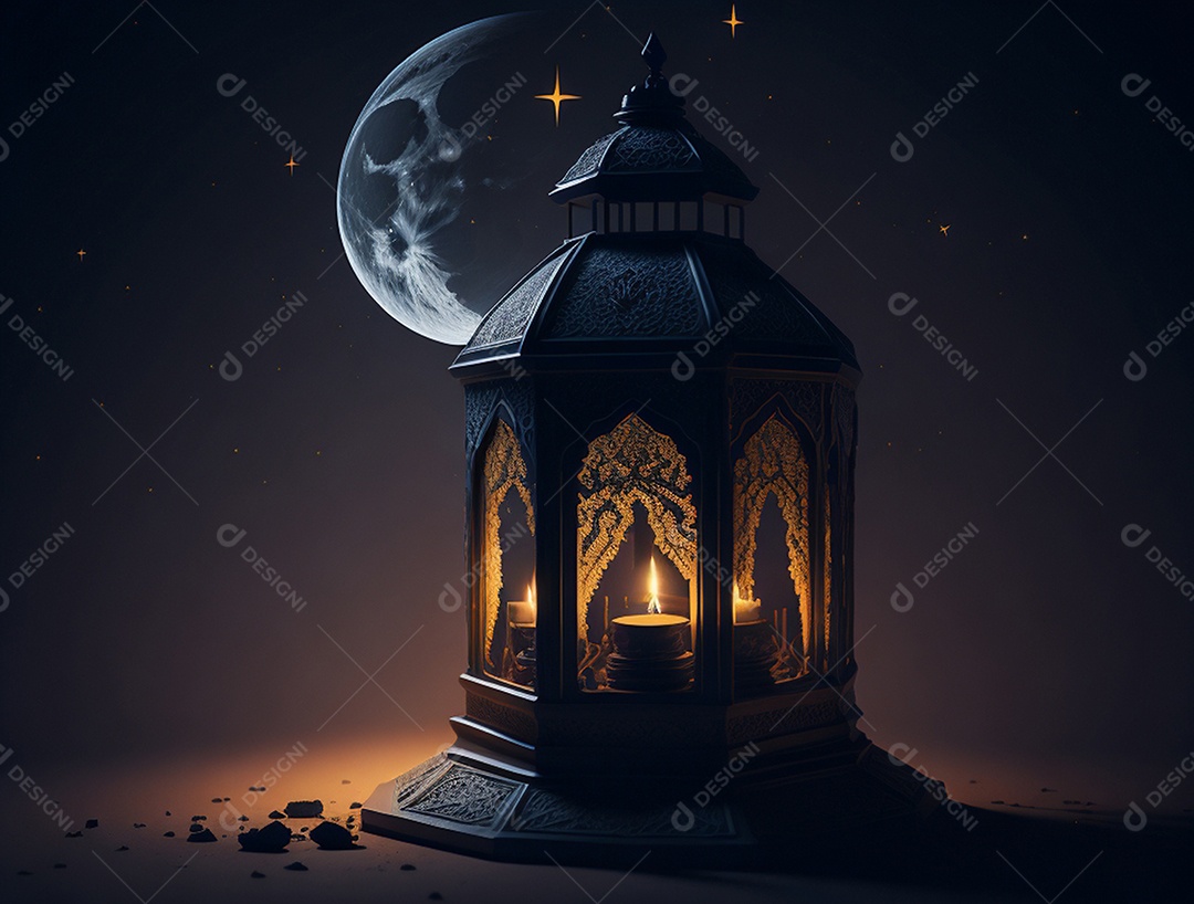 Lanterna islâmica com fundo de uma noite de luar.