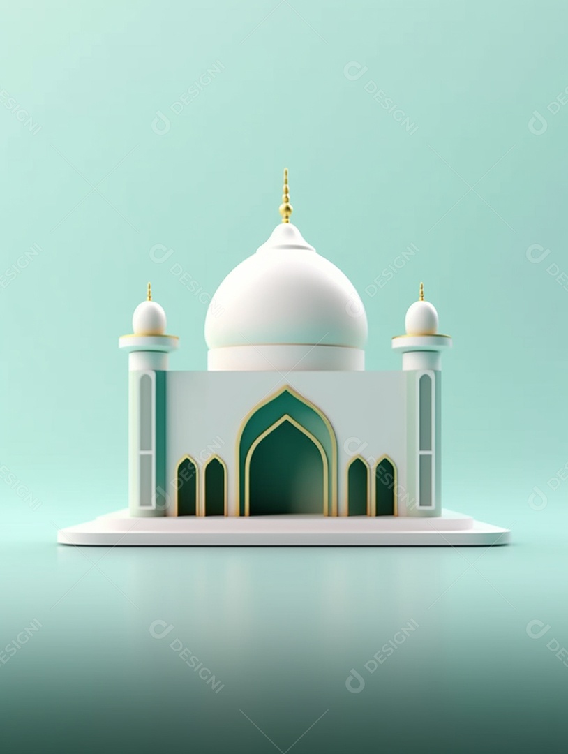 Mesquita islâmica branca sobre fundo isolado verde.