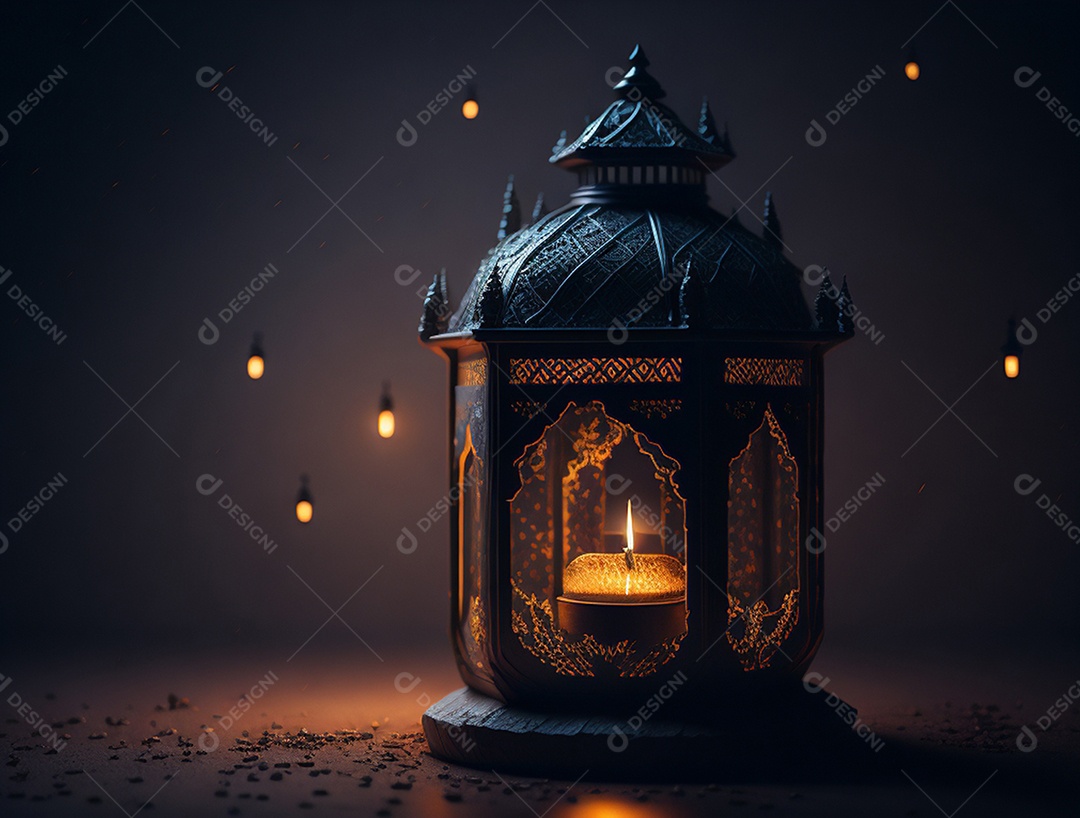 Lanterna islã sobre fundo com luzes brilhantes.