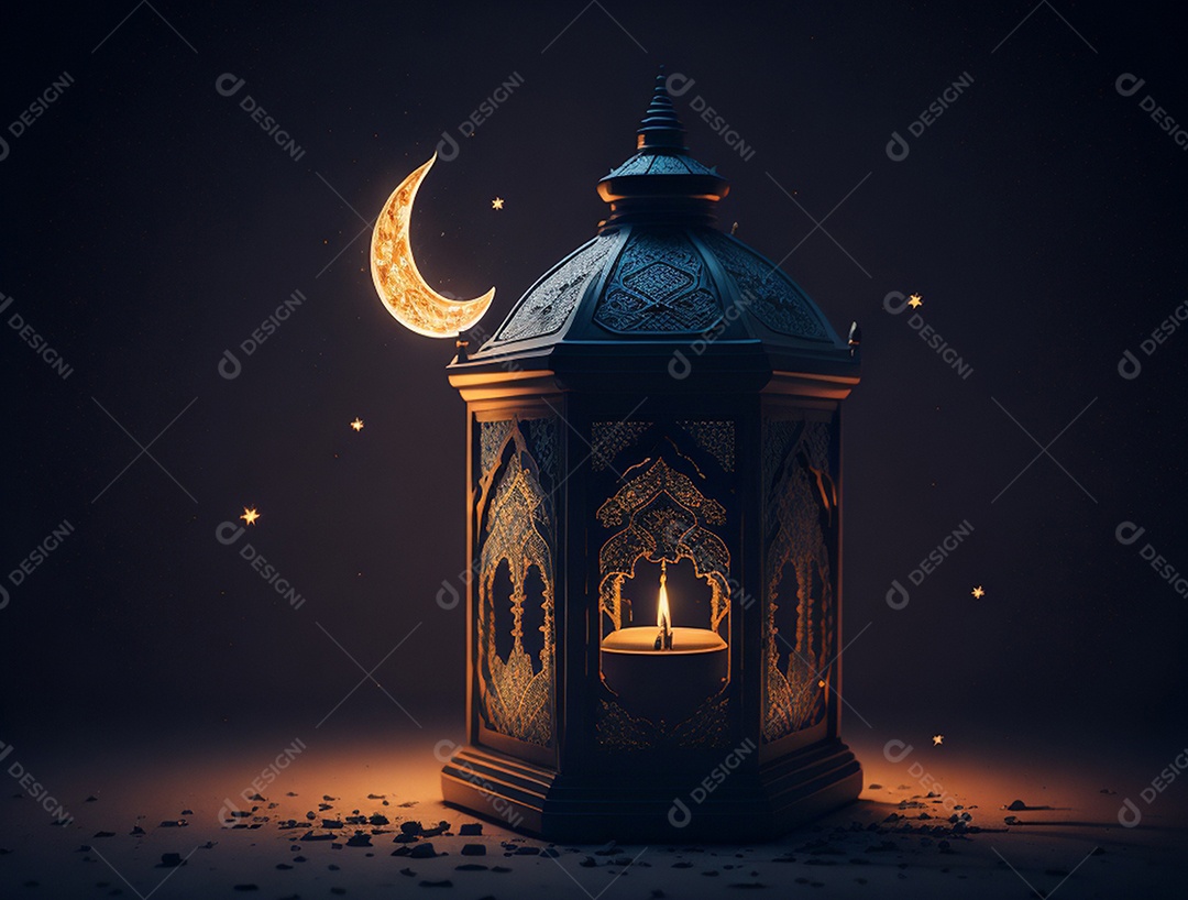 Lanterna islâmica com fundo de uma noite de luar.
