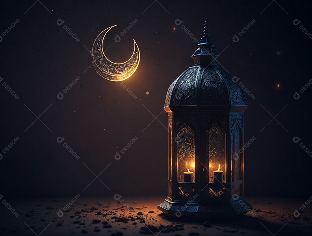 Lanterna islâmica com fundo de uma noite de luar.