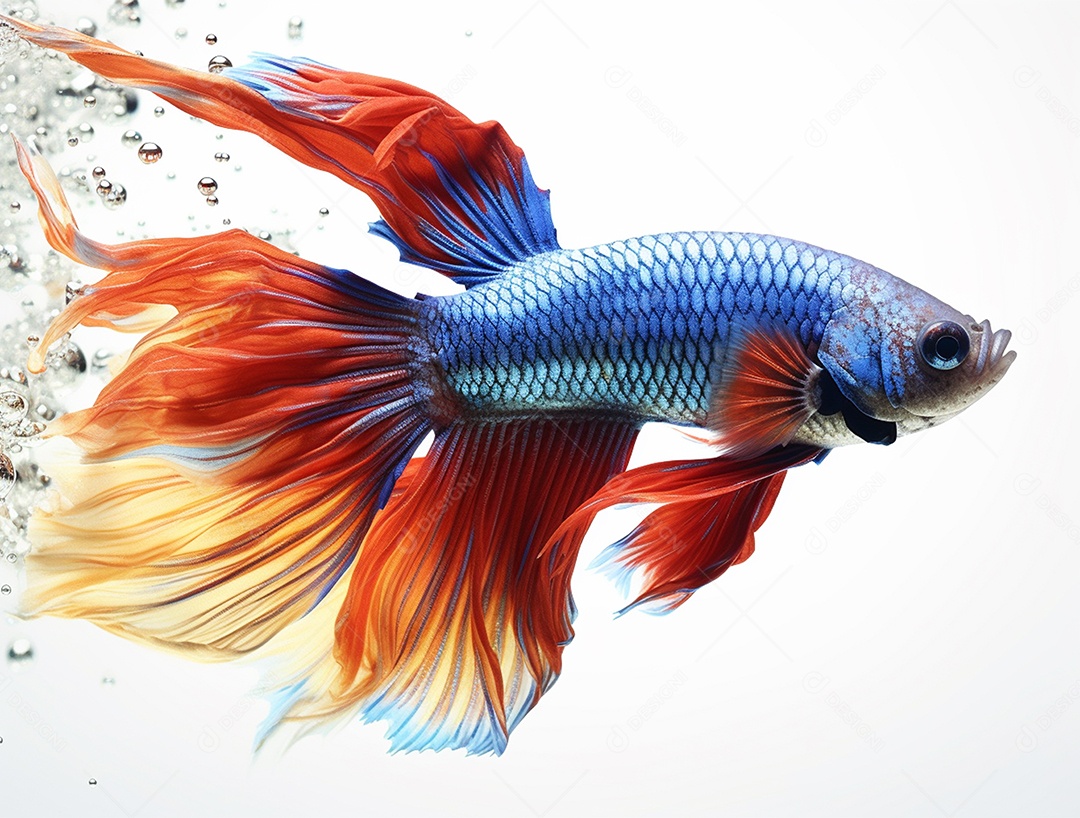 Peixe colorido nadando em torno de bolhas sobre fundo isolado branco.