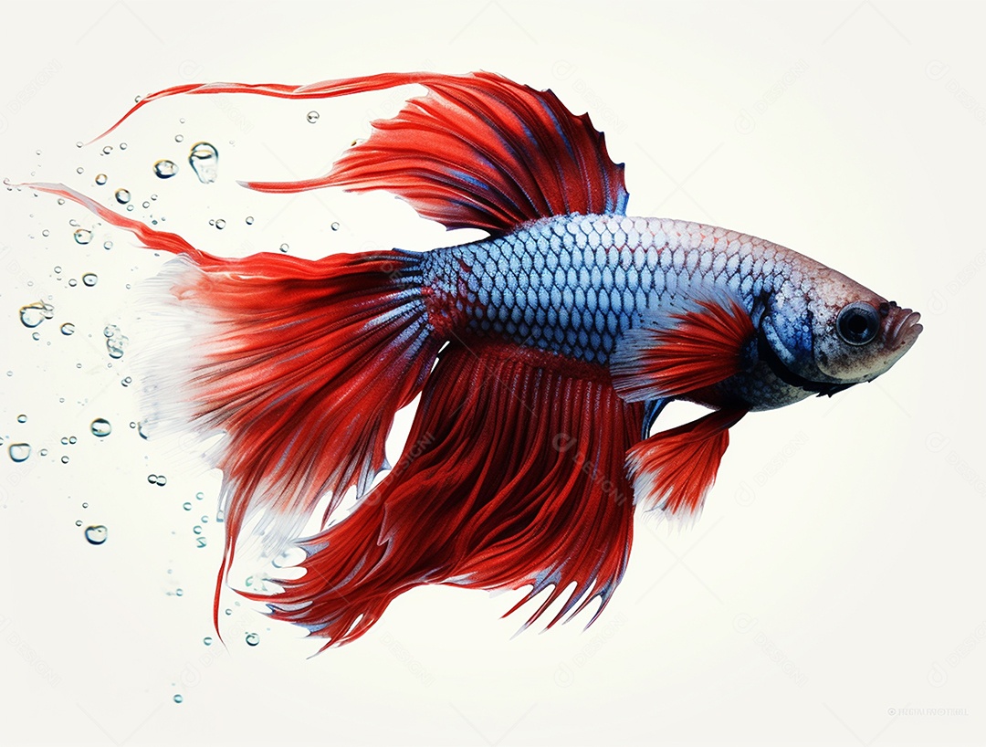 Peixe colorido nadando em torno de bolhas sobre fundo isolado branco.