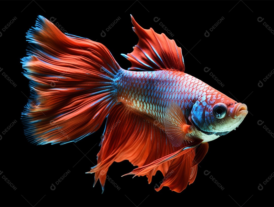 Peixe colorido nadando sobre fundo isolado preto.