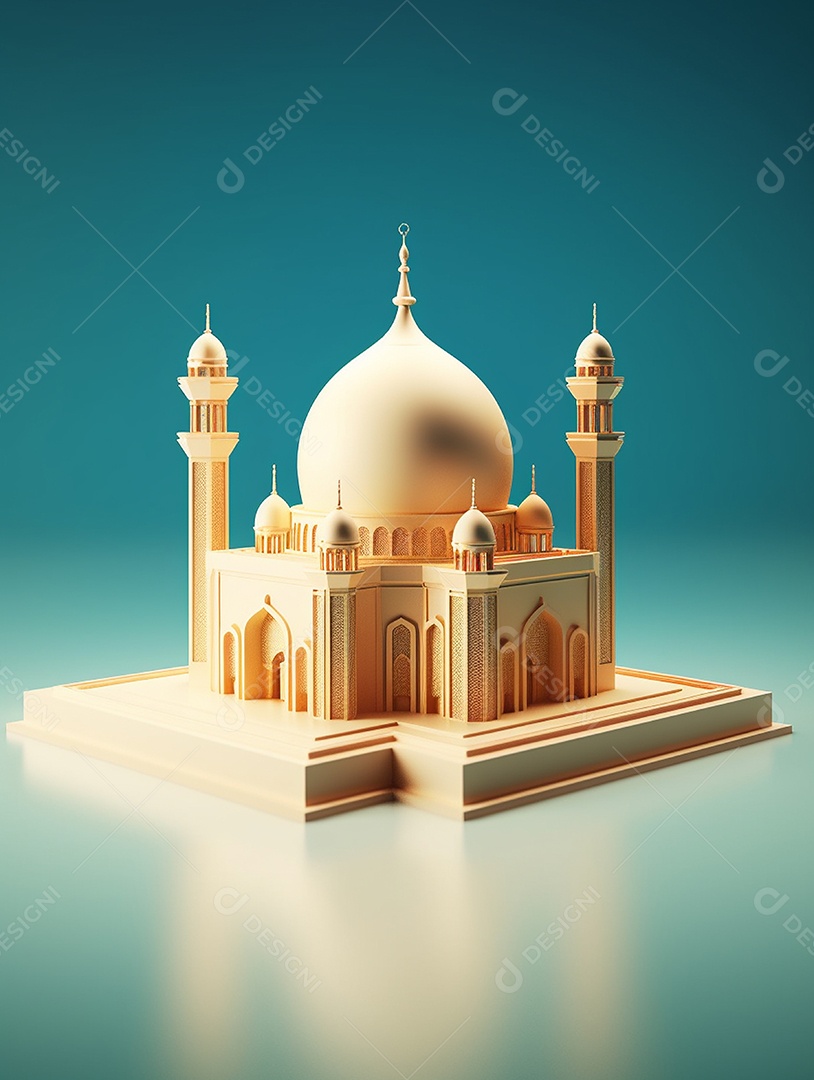 Mesquita islâmica bege sobre um fundo isolado verde.