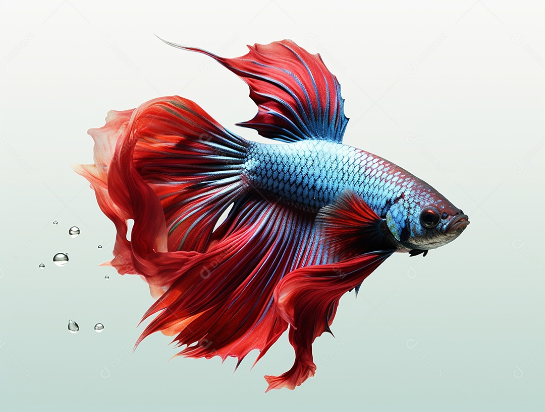 Peixe colorido nadando em torno de bolhas sobre fundo isolado branco.