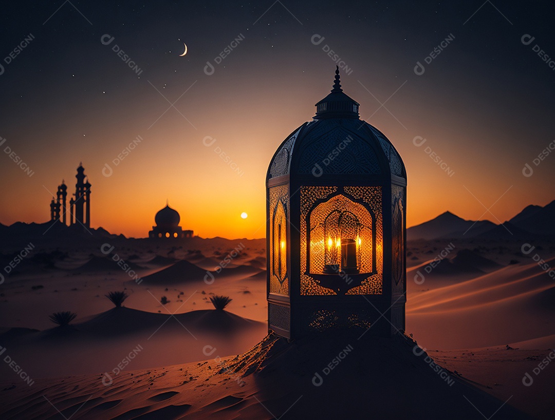 Lamparina islâmica sobre o deserto com fundo de um pôr do sol.