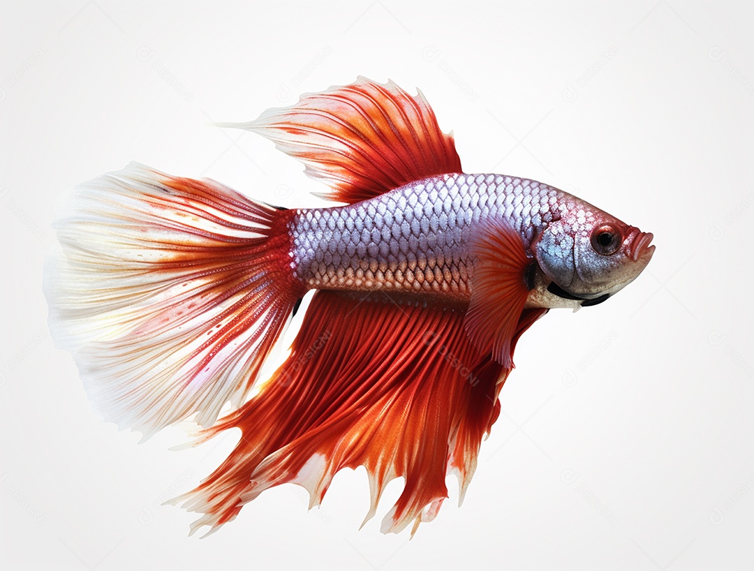 Peixe colorido nadando sobre fundo isolado branco.