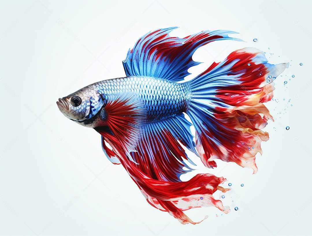 Peixe colorido nadando em torno de bolhas sobre fundo isolado branco.