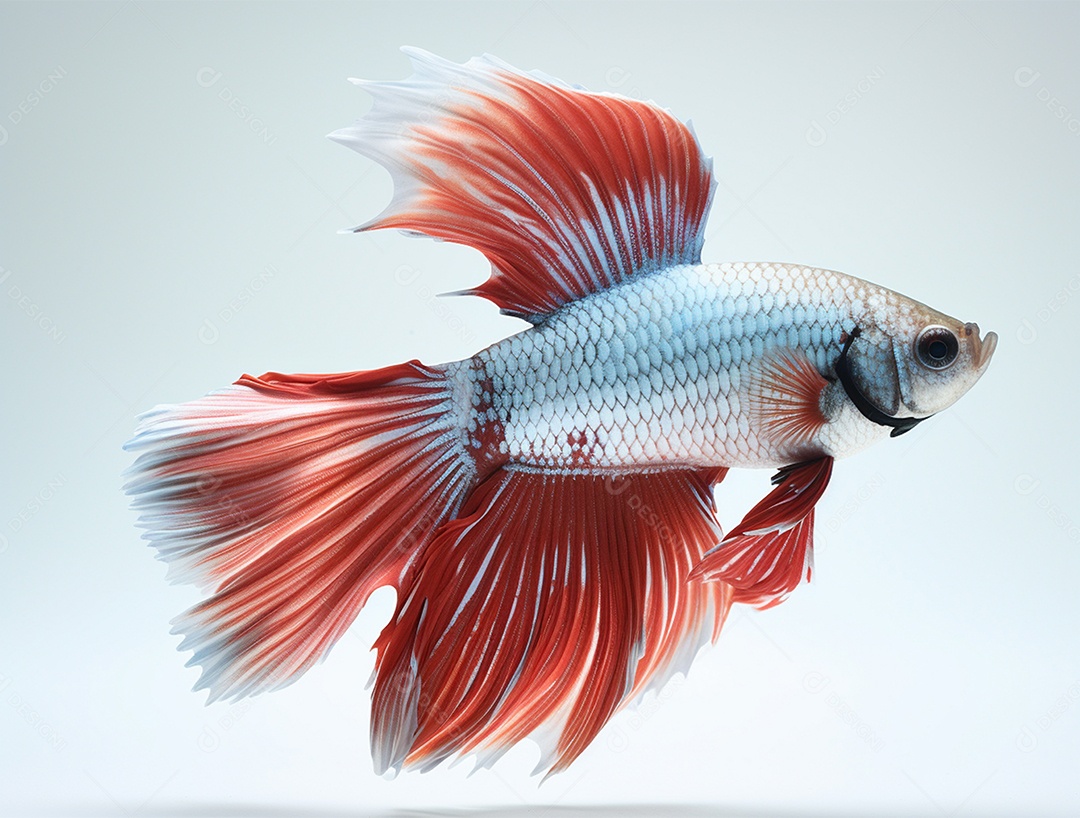 Peixe betta com cauda laranja nadando sobre fundo branco.