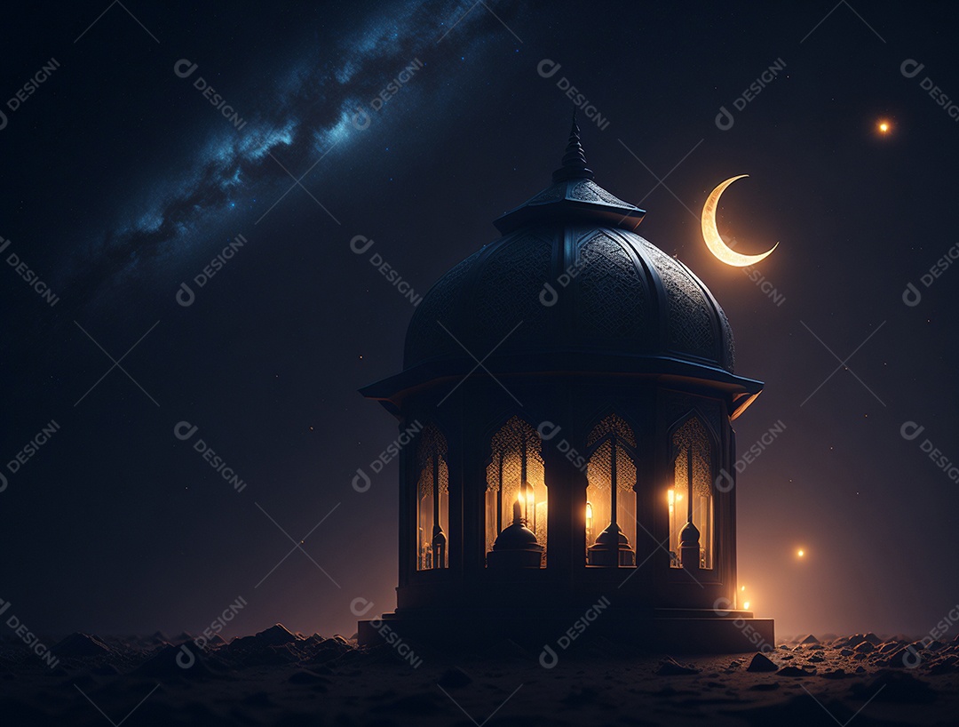 Lamparina islâmica sobre o deserto com fundo de um luar.