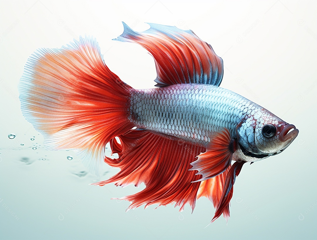 Peixe betta com cauda laranja nadando sobre fundo branco.