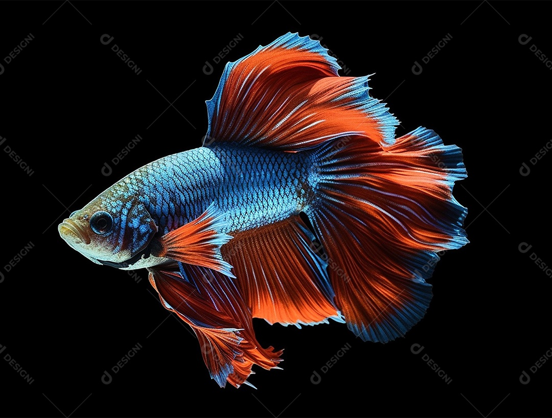 Peixe betta colorido nadando sobre fundo isolado preto.