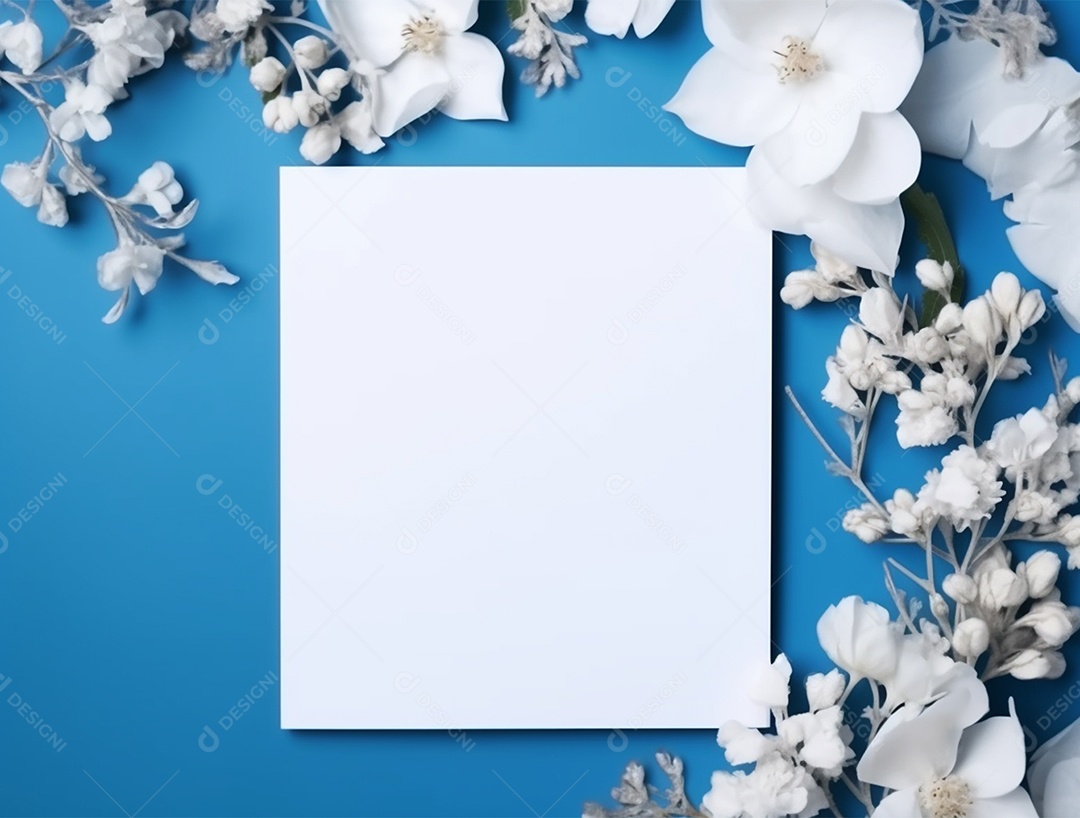 Papel em branco sobre fundo azul com flores brancas.