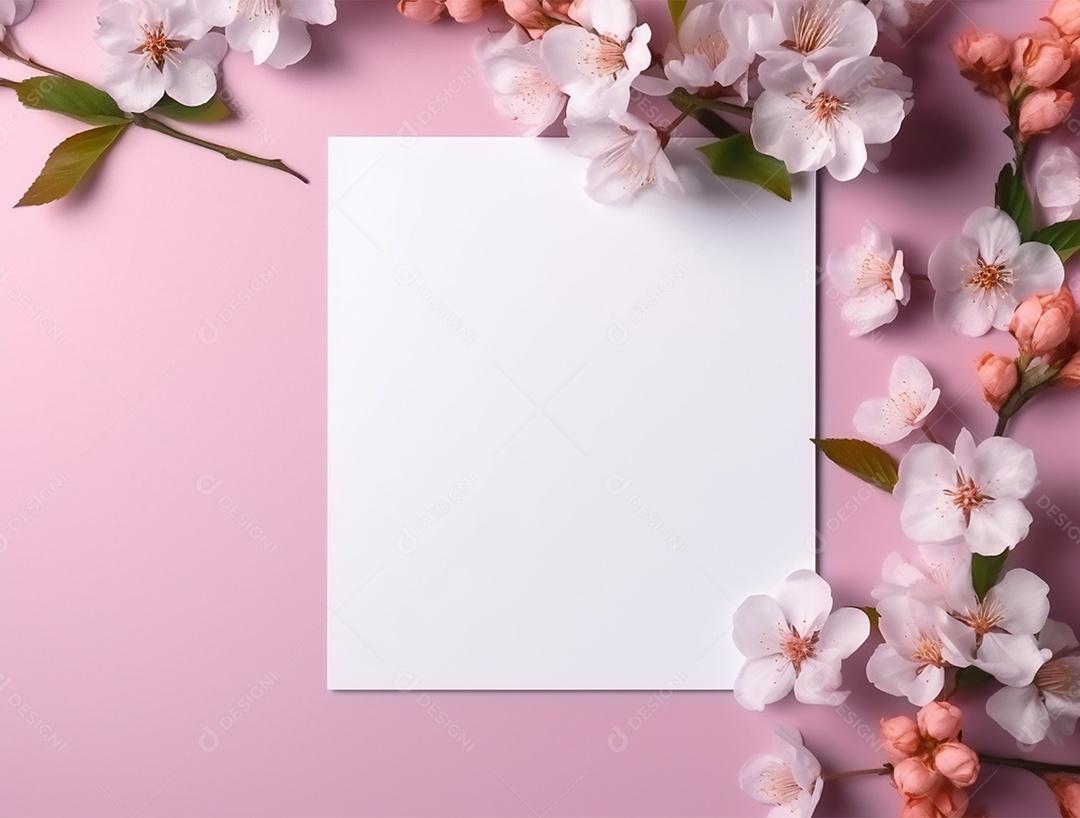 Papel em branco sobre fundo rosa com flores.