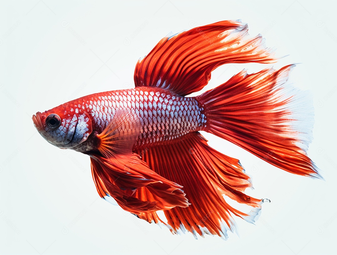 Peixe betta com cauda laranja nadando sobre fundo branco.