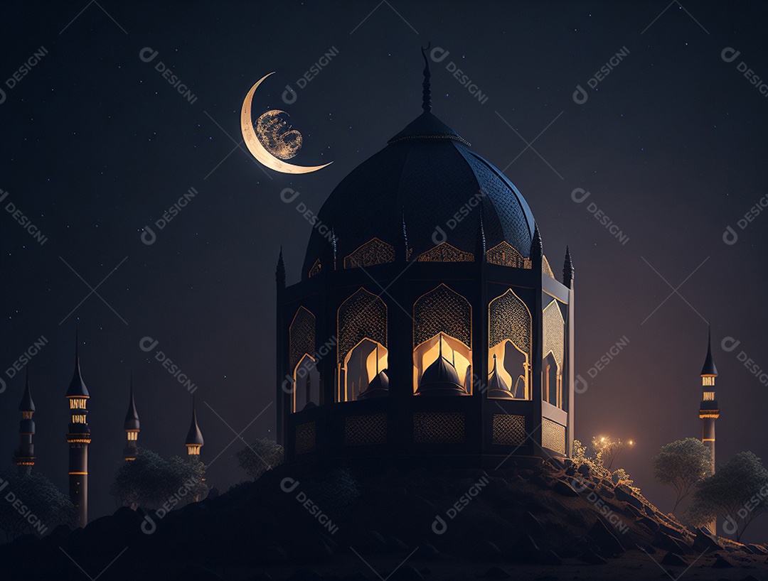 Bonita mesquita islâmica de fundo vista do céu noturno.