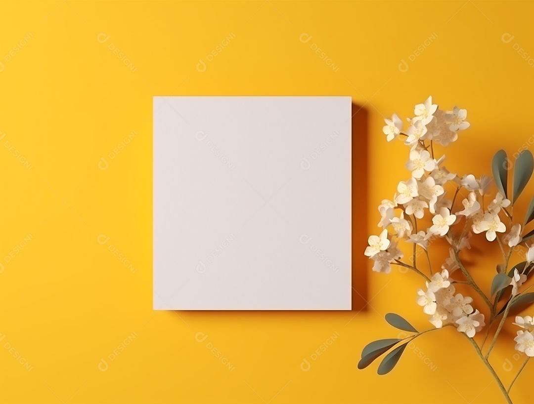 Papel em branco sobre fundo amarelo com buquê de flores.