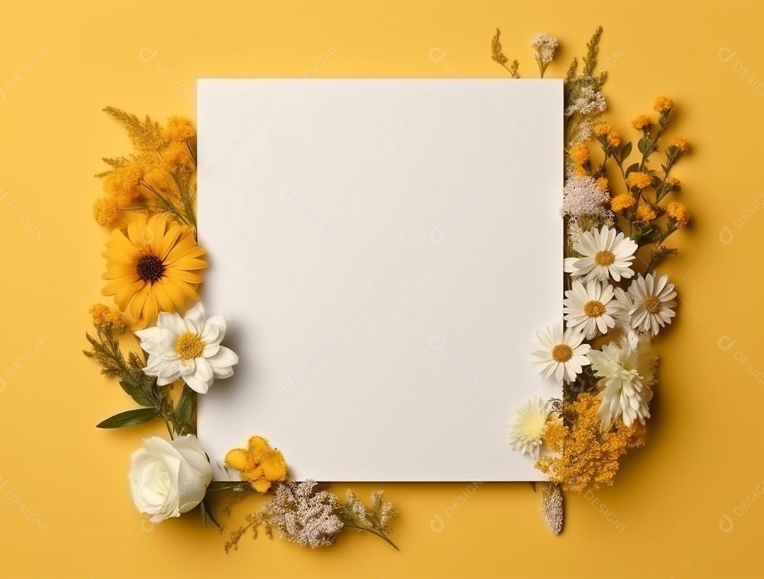 Papel em branco sobre fundo amarelo com flores.