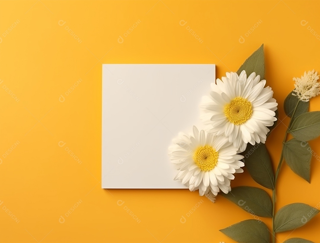 Papel em branco sobre fundo amarelo de flores.