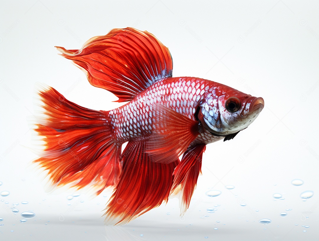 Peixe betta com cauda laranja nadando sobre fundo branco.