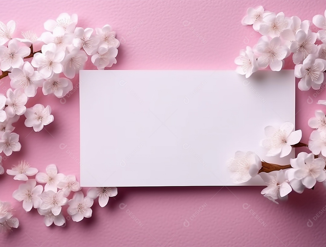 Papel em branco sobre fundo rosa com flores brancas.