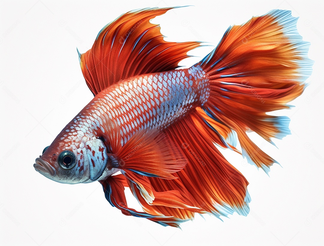 Peixe betta com cauda laranja nadando sobre fundo branco.