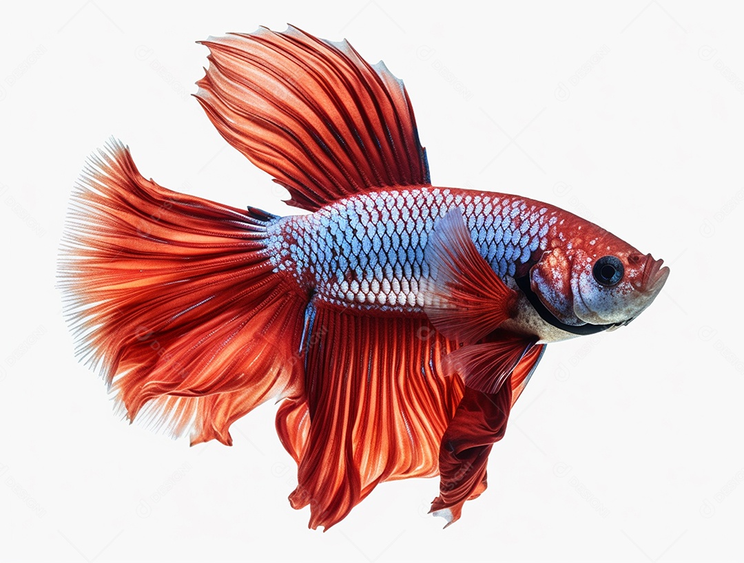 Peixe betta com cauda laranja nadando sobre fundo branco.