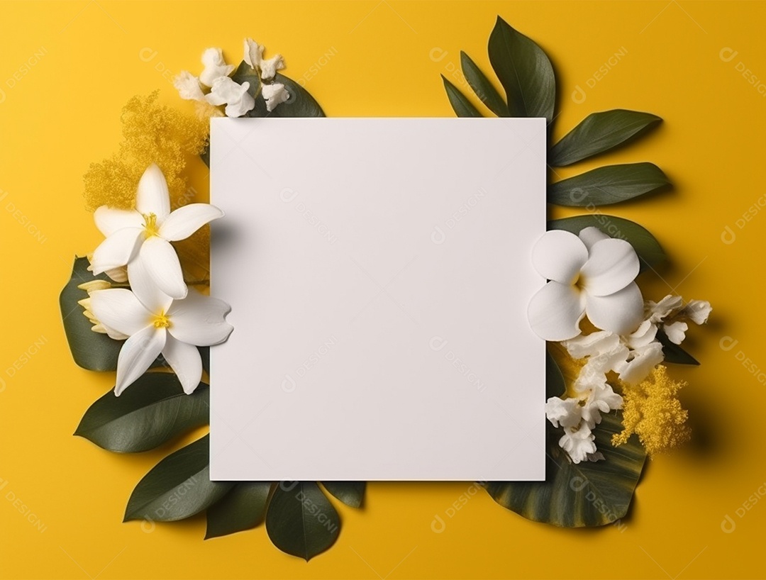 Papel em branco sobre fundo amarelo com flores e folhas.