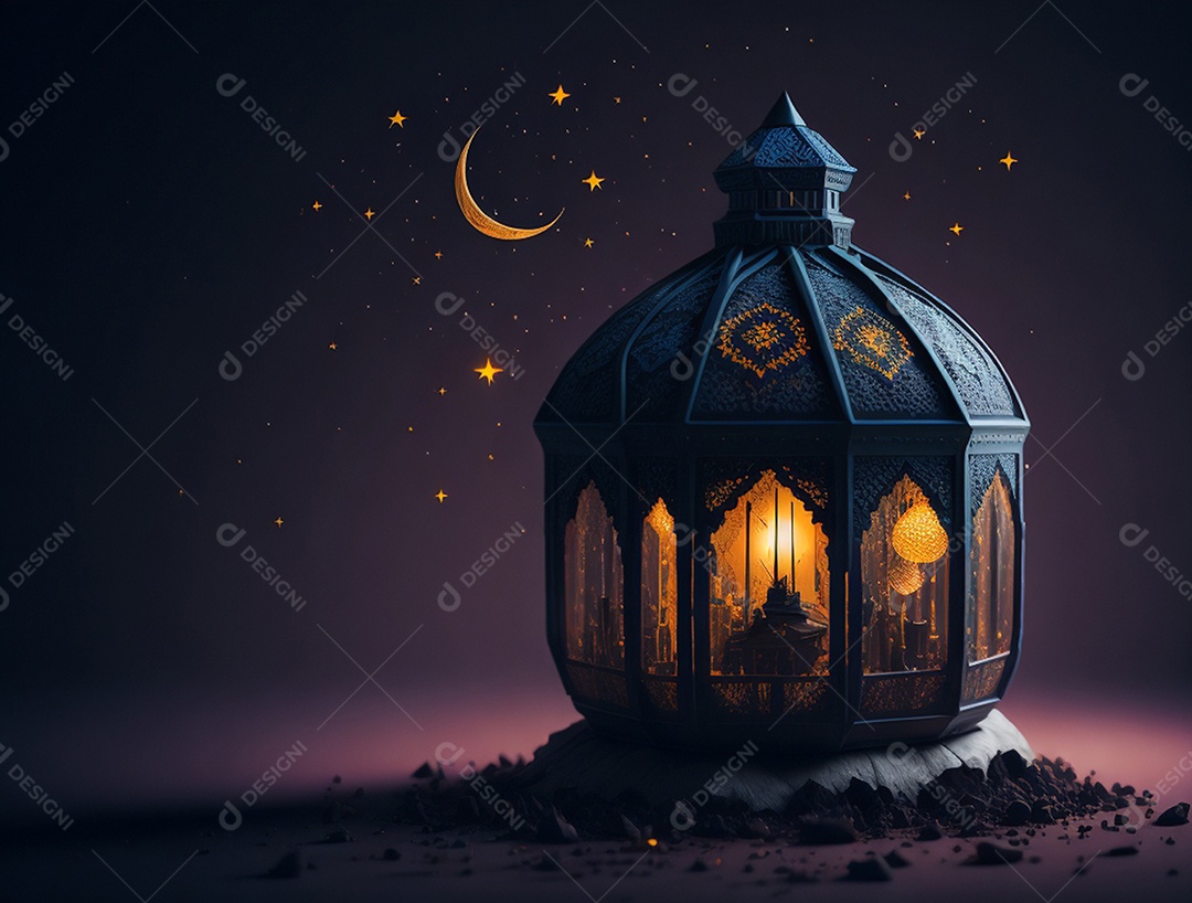 Lamparina islâmica sobre o deserto com fundo de um luar.