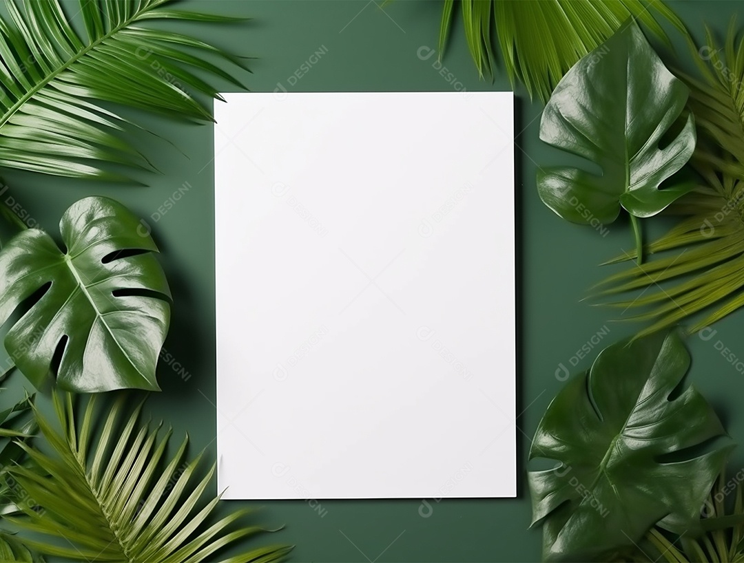Papel em branco sobre fundo verde com folhagem.