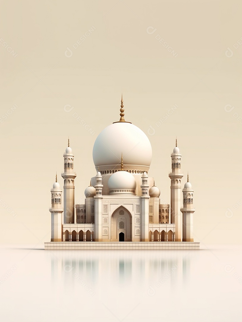 Mesquita islâmica bege com cúpula e torres.