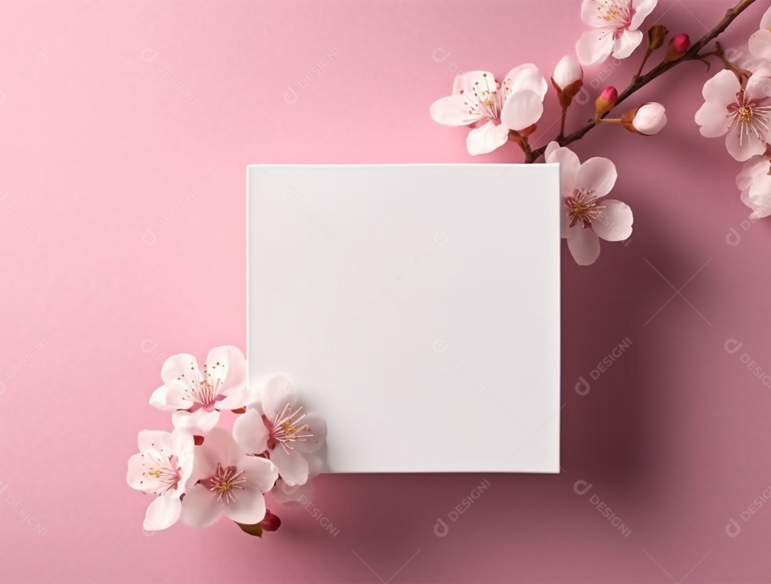 Papel em branco sobre fundo rosa com flores.