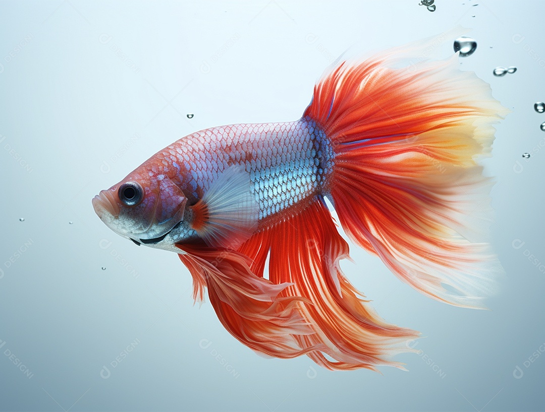 Peixe betta com cauda laranja nadando sobre fundo branco.