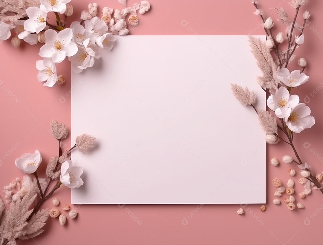 Papel em branco sobre fundo rosa com flores.