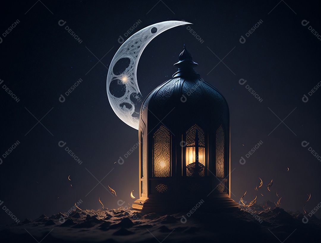 Lamparina islâmica sobre o deserto com fundo de um luar.