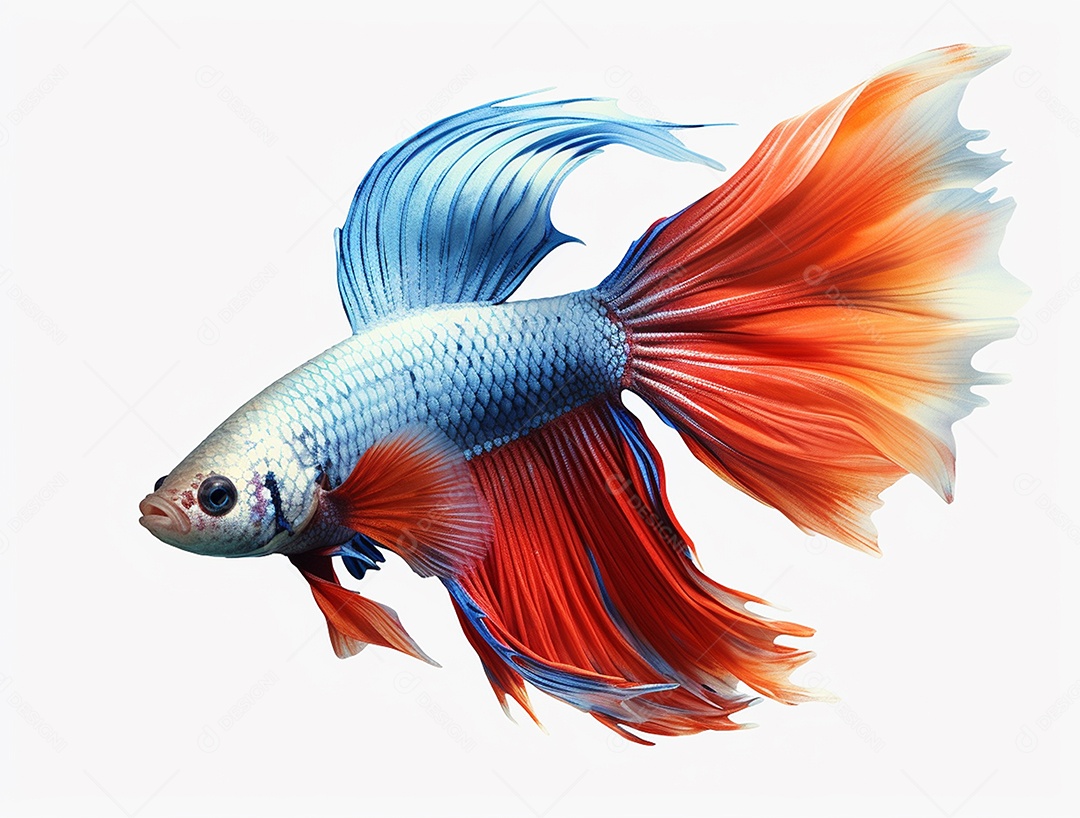 Peixe colorido nadando sobre fundo isolado branco.