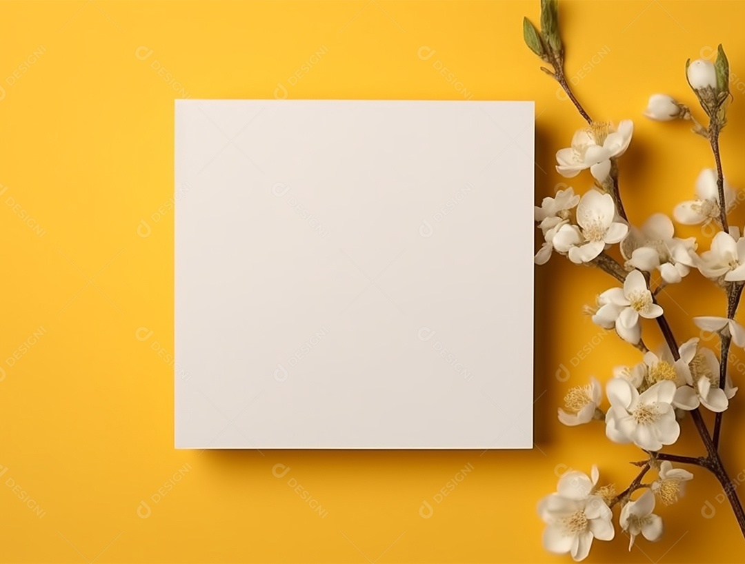 Papel em branco sobre fundo amarelo com buquê de flores.