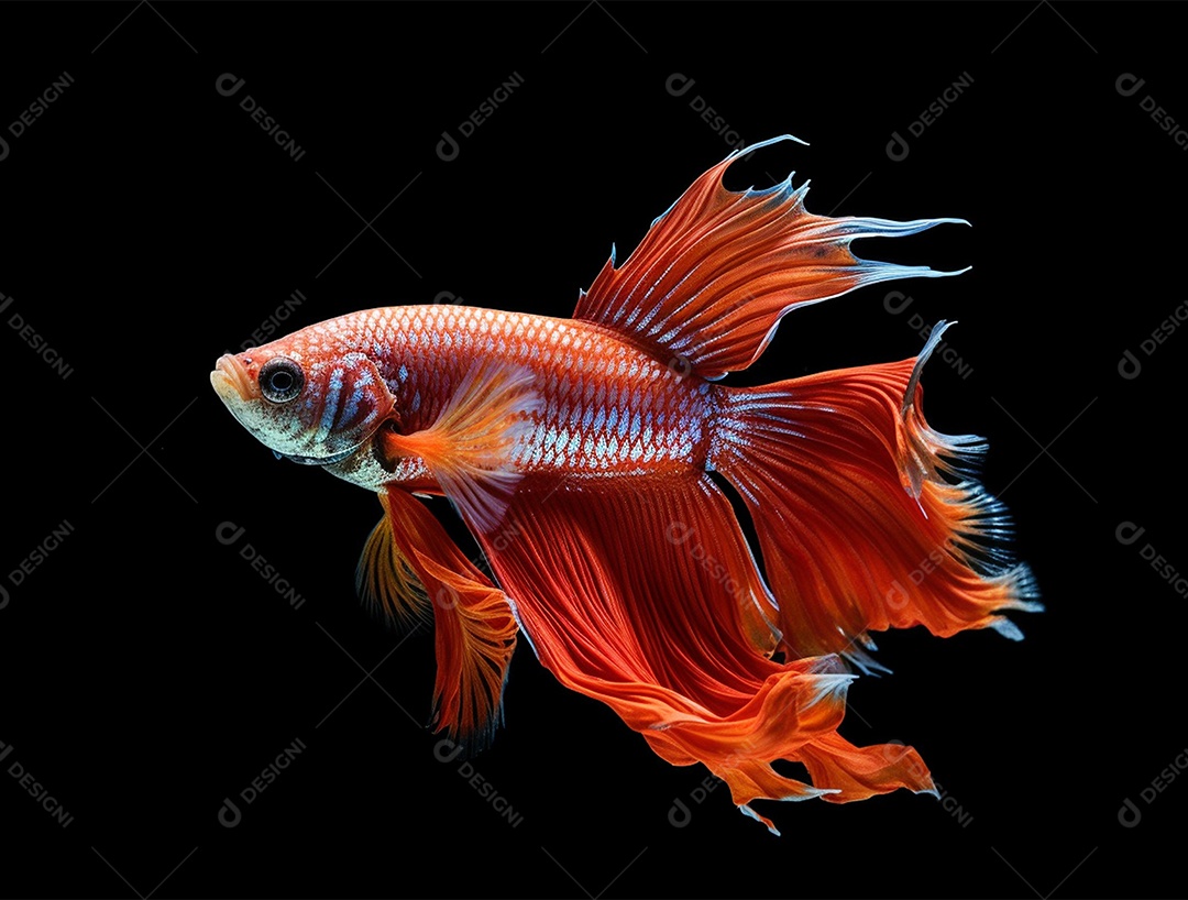 Peixe colorido nadando sobre fundo isolado preto.