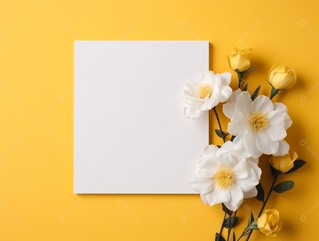 Papel em branco sobre fundo amarelo com buquê de flores.