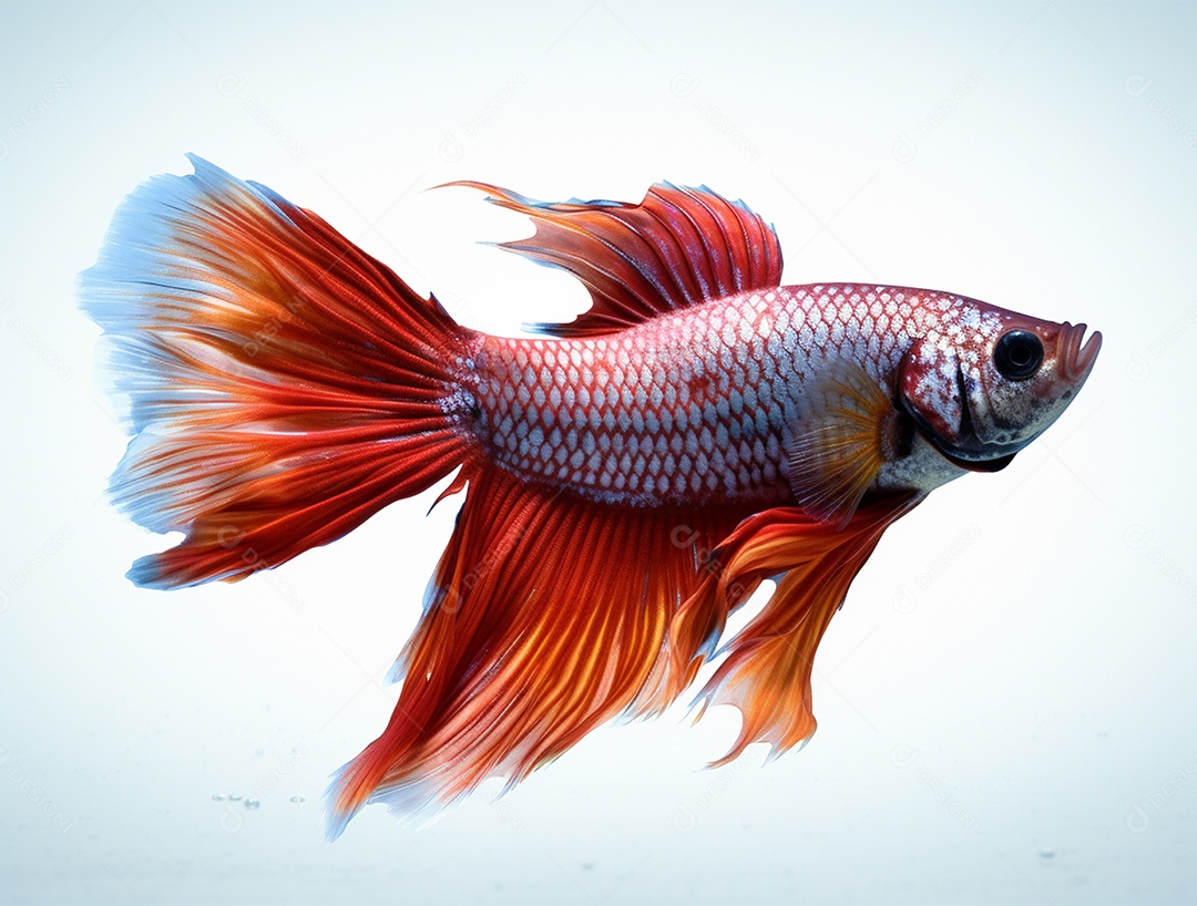 Peixe colorido nadando sobre fundo isolado branco.