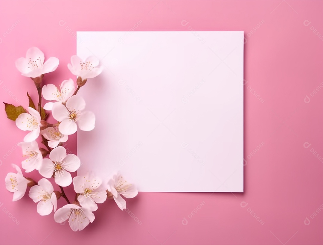 Papel em branco sobre fundo rosa com buquê de flores.