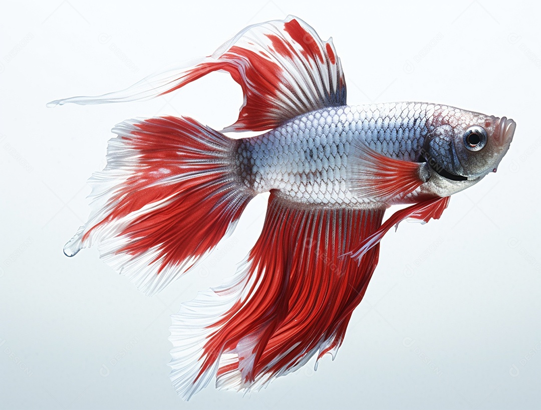 Peixe colorido nadando sobre fundo isolado branco.