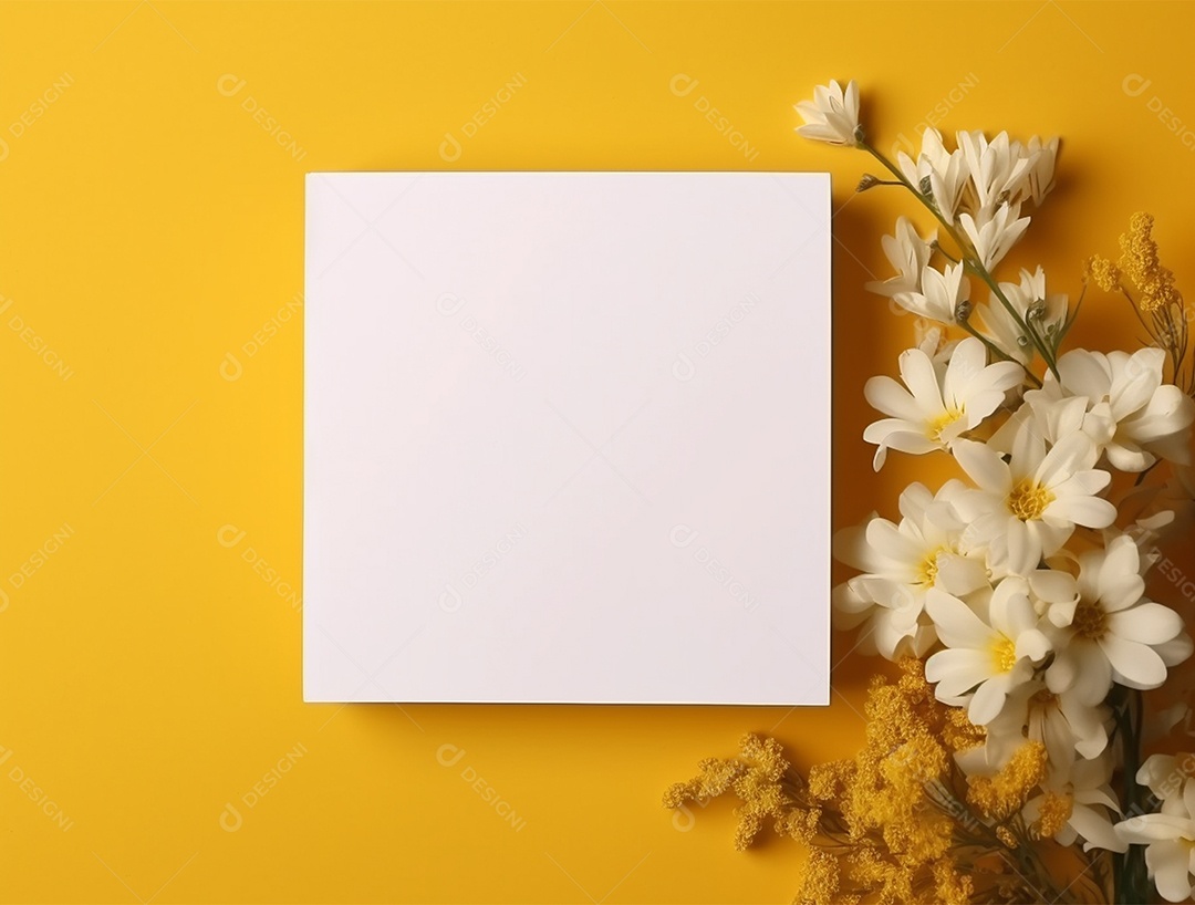 Papel em branco sobre fundo amarelo com buquê de flores.