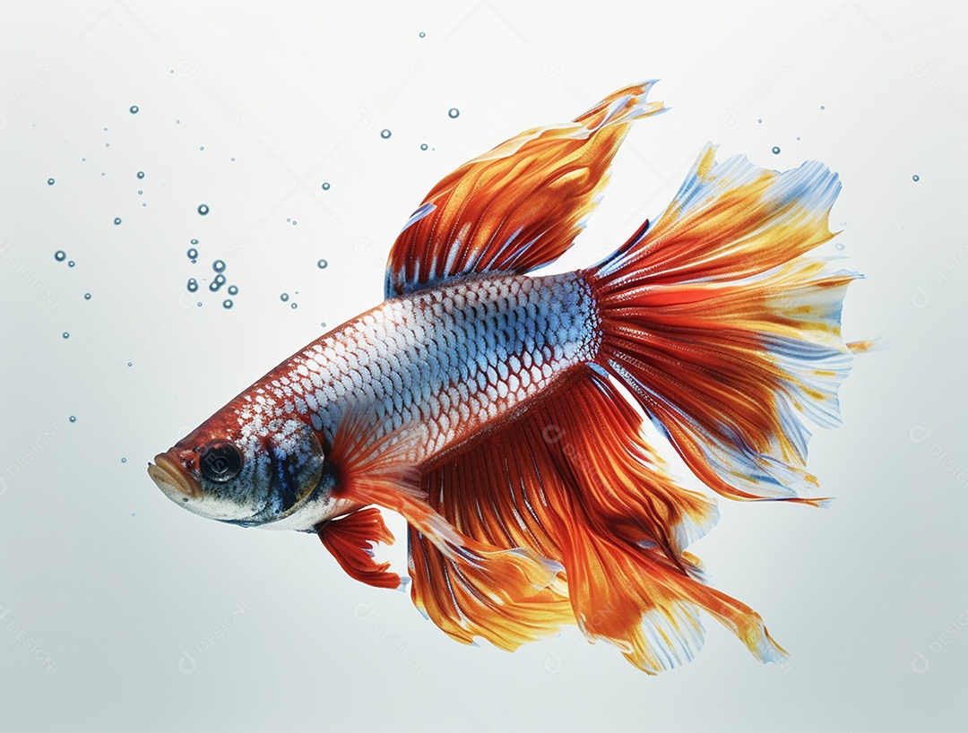 Peixe colorido nadando em torno de bolhas sobre fundo isolado branco.