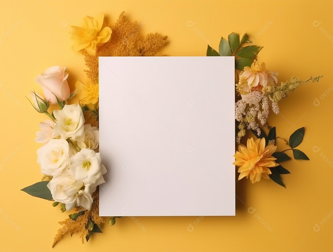 Papel em branco sobre fundo amarelo com buquê de flores.