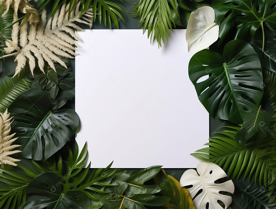 Papel em branco sobre fundo de folhagem.