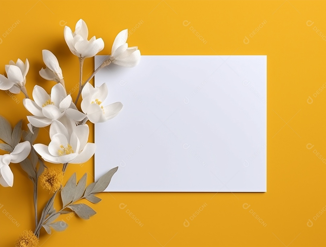 Papel em branco sobre fundo amarelo com buquê de flores.